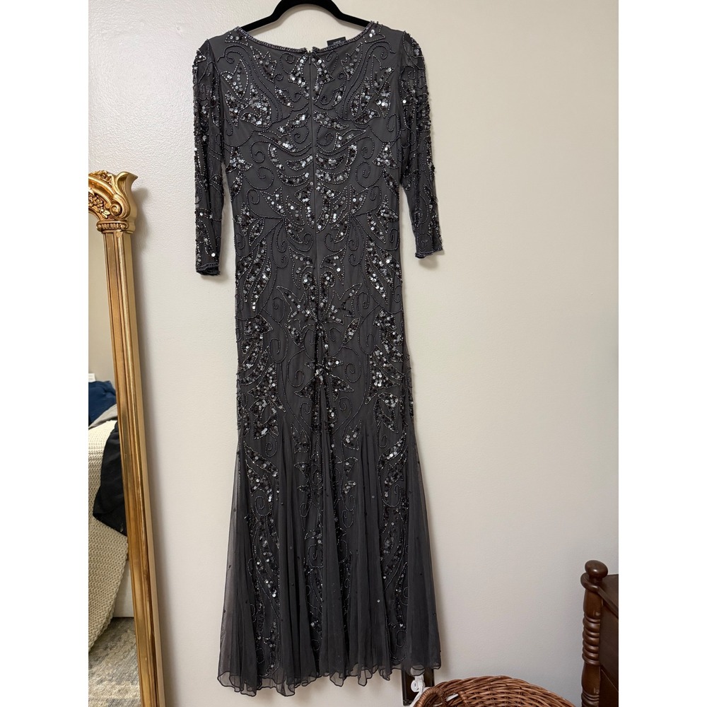 Pisarro Nights Gray Beaded Sequin Gown 3/4 Sleeve Formal Maxi Dress - Picture 9 of 14